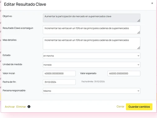 Edición de un Key Result: valor inicial, valor esperado, fecha y responsable