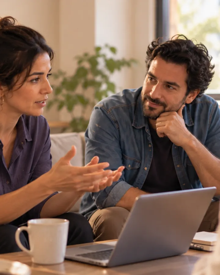 Dos personas del equipo conversan sobre un objetivo