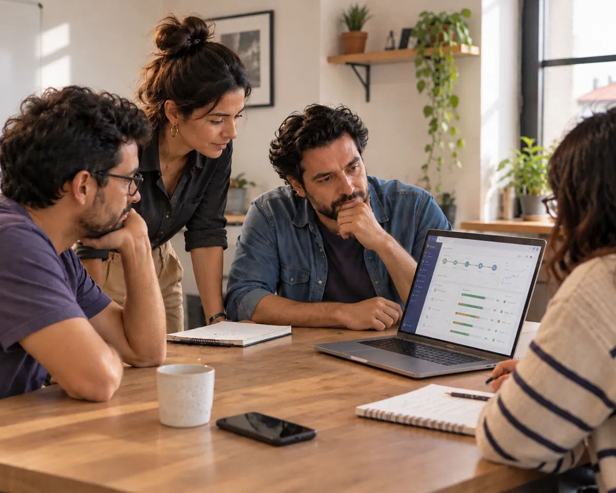 Equipo revisando juntos el avance de sus objetivos en una laptop